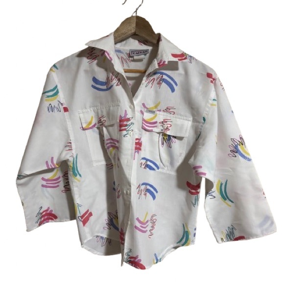Vintage 90s Taco Bell White Multi Color Abstract Print Button Down Shirt Size 10 - Picture 2 of 6